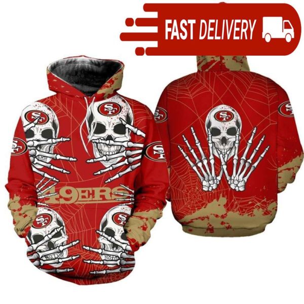 San Francisco 49ers Skull 3D Hoodie for Halloween Best NFL Gifts for Fans - available at - rugbyfanstore.com