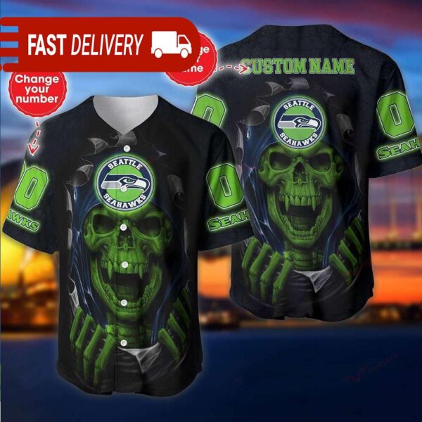 Seattle Seahawks Custom NFL Jersey Skull Personalized Baseball Jersey - available at - rugbyfanstore.com