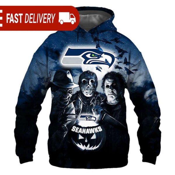 Seattle Seahawks Horror Night Freddy Jason Michael Myers Hoodie Halloween NFL Gifts - available at - rugbyfanstore.com