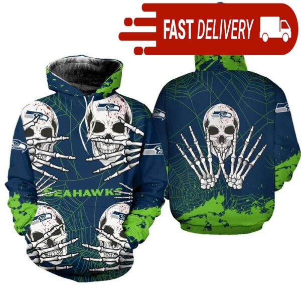 Seattle Seahawks Skull 3D Hoodie for Halloween Best NFL Gifts for Fans - available at - rugbyfanstore.com