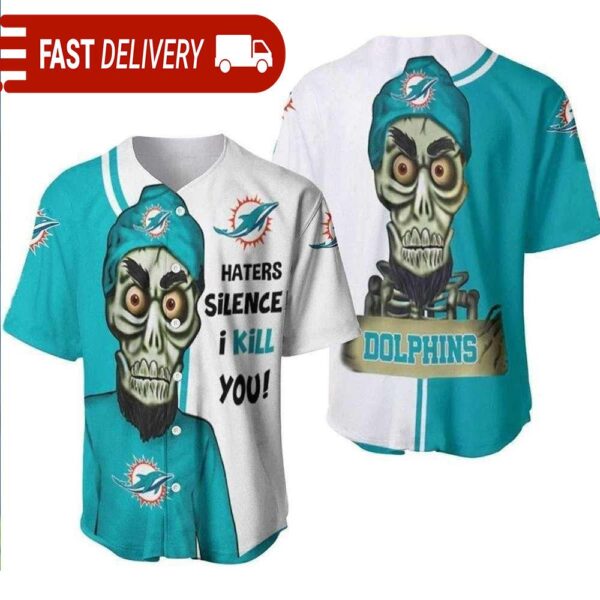 Skull Miami Dolphins Baseball Jersey Achmed Haters Silence I Kill You Gift For NFL Fans - available at - rugbyfanstore.com