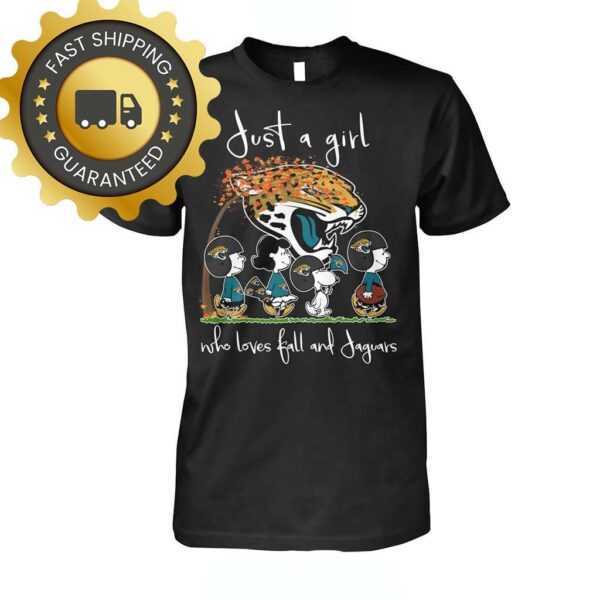 Snoopy Peanuts Just A Girl Who Love Fall And Jacksonville Jaguars Tshirt, Unique NFL Gifts for Football Fan - available at - rugbyfanstore.com