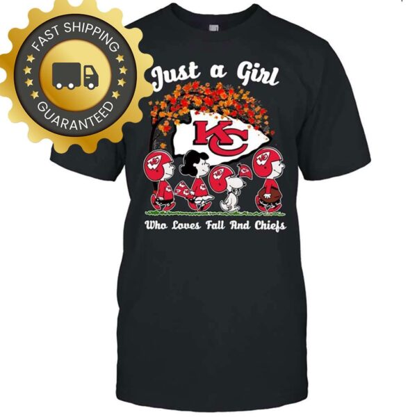 Snoopy Peanuts Just A Girl Who Love Fall And Kansas City Chiefs Shirt, Best NFL Gift Idea - available at - rugbyfanstore.com