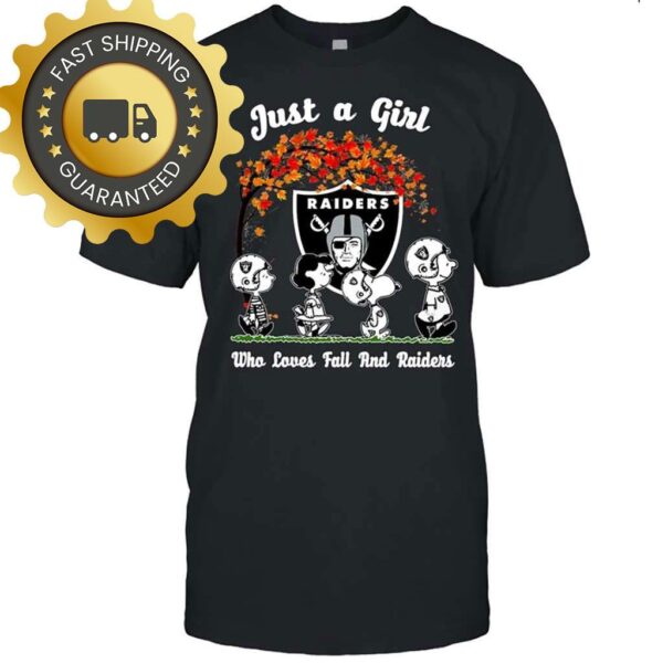 Snoopy Peanuts Just A Girl Who Love Fall And Las Vegas Raiders Tshirt, NFL Football Gifts - available at - rugbyfanstore.com