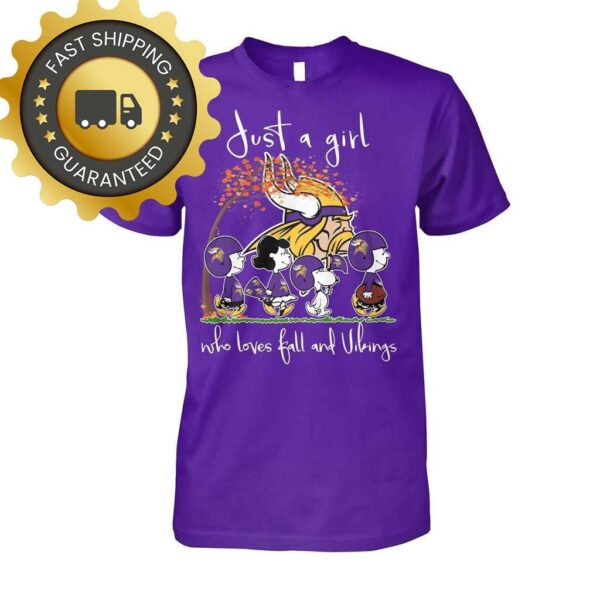 Snoopy Peanuts Just A Girl Who Love Fall And Minnesota Vikings Unisex Tshirt, NFL Gift for Fan - available at - rugbyfanstore.com