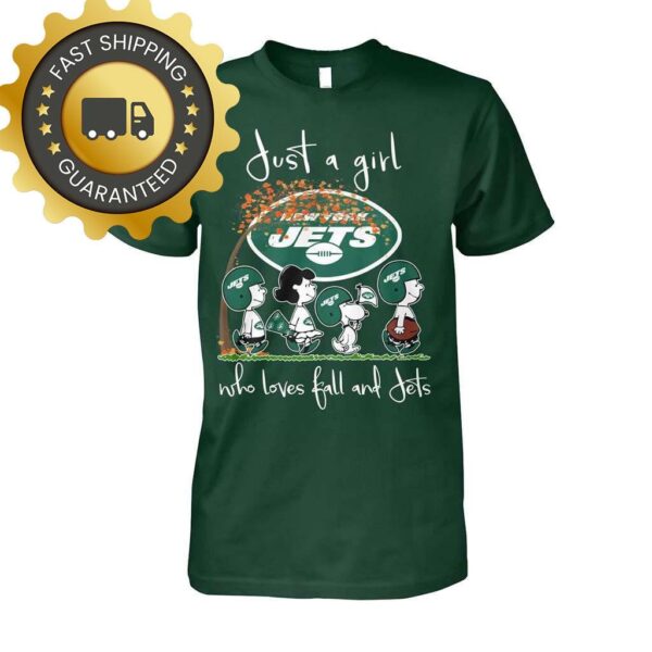 Snoopy Peanuts Just A Girl Who Love Fall And New York Jets Tshirt, NFL Fan Gifts - available at - rugbyfanstore.com