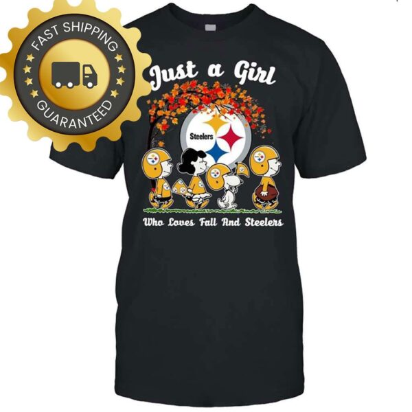 Snoopy Peanuts Just A Girl Who Love Fall And Pittsburgh Steelers Tshirt, Best NFL Gifts for Fans - available at - rugbyfanstore.com