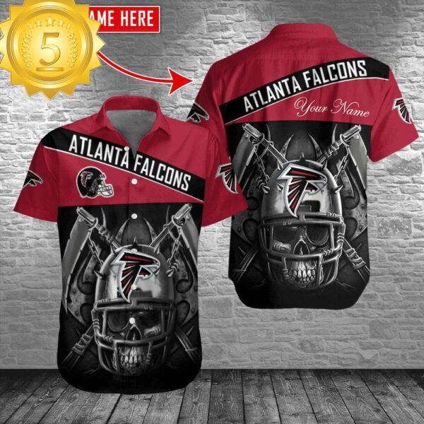 Custom Name Atlanta Falcons NFL Skull Pattern Aloha Hawaiian Shirt - available at - rugbyfanstore.com