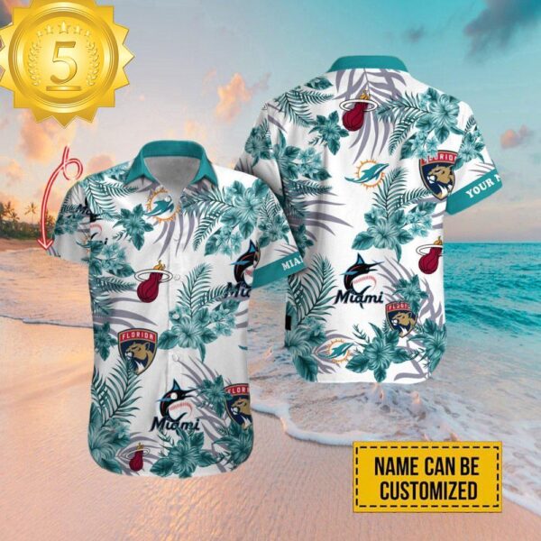 Custom Name Miami Dolphins Miami Marlins Miami Heat Florida Panthers Hawaiian Shirt - available at - rugbyfanstore.com