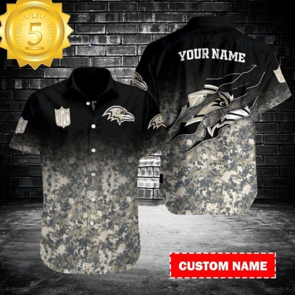 Custom Name NFL Baltimore Ravens Camo Aloha Hawaiian Shirt - available at - rugbyfanstore.com