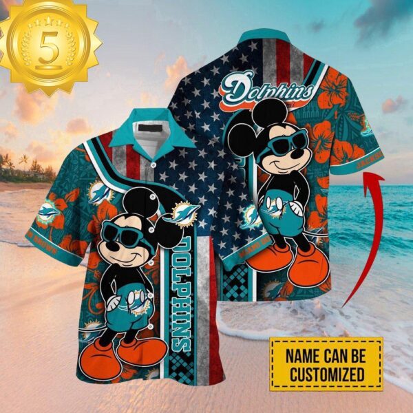 Custom Name NFL Miami Dolphins Mickey Mouse Tropical Hawaiian Shirt - available at - rugbyfanstore.com