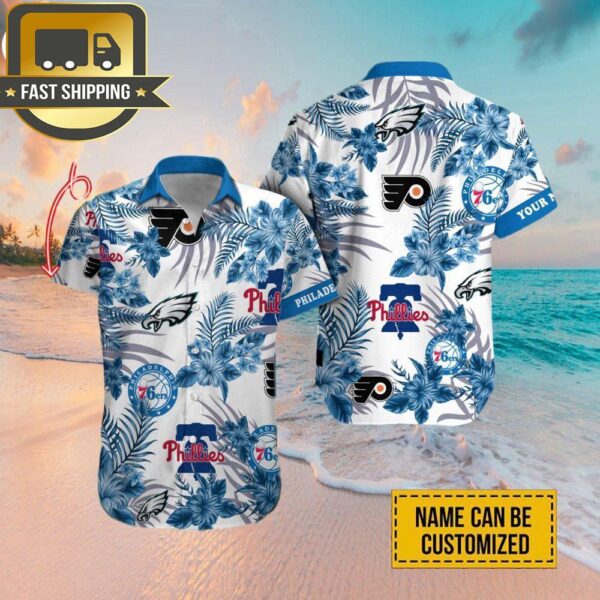 Custom Name Philadelphia Eagles Philadelphia Phillies Philadelphia 76ers Hawaiian Shirt - available at - rugbyfanstore.com