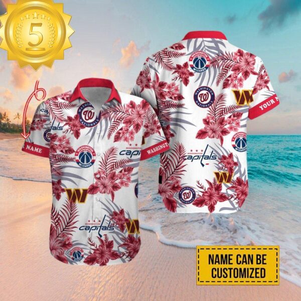 Custom Name Washington Commanders Washington Nationals Washington Wizards Washington Capitals Hawaiian Shirt - available at - rugbyfanstore.com