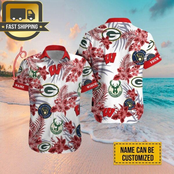 Custom Name Wisconsin Badgers Green Bay Packers Milwaukee Brewers Milwaukee Bucks Hawaiian Shirt - available at - rugbyfanstore.com