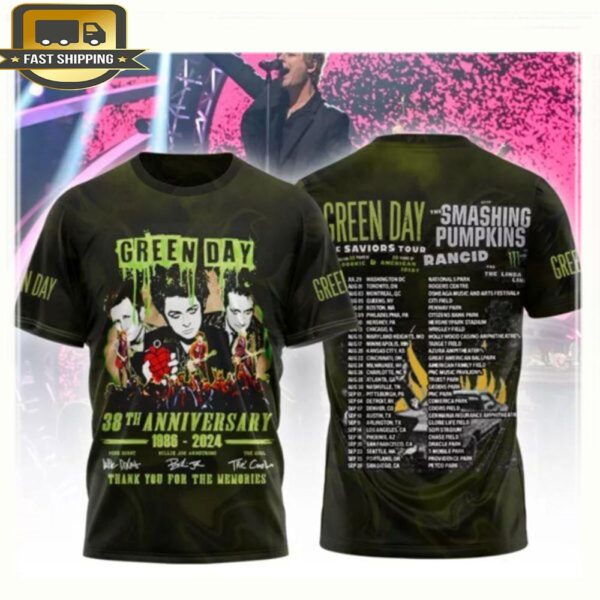 Green Day the Saviors Tour 38th Anniversary 1986-2024 Thank You For The Memories 3D T-Shirt - available at - rugbyfanstore.com