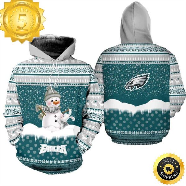 Philadelphia Eagles Christmas Pattern Snowman Football NFL All Over Print Hoodie Shirt available at rugbyfanstore.com