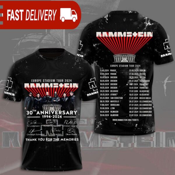 Rammstein 30th Anniversary Europe Stadium Tour 2024 Limited Edition 3D T-Shirt - available at - rugbyfanstore.com