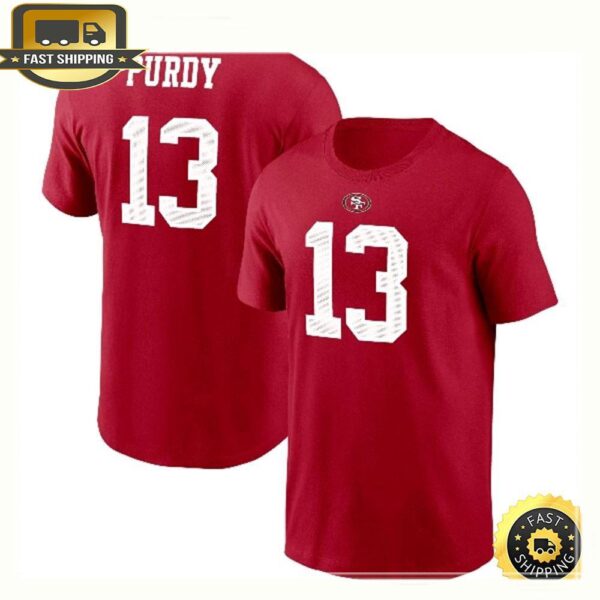 San Francisco 49ers Brock Purdy Scarlet Name & Number T-Shirt - available at - rugbyfanstore.com