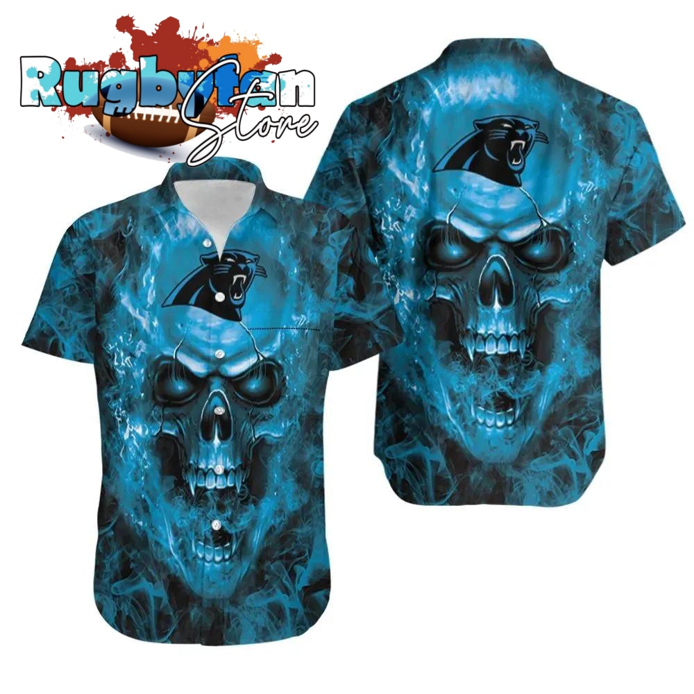 Carolina Panthers Steelers Nfl Fan Skull Hawaiian Shirt Print Short Sleeve Hawaiian Aloha Shirt