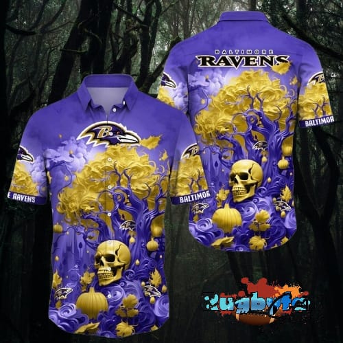 Baltimore Ravens Halloween Skull Pumpkin Hawaiian Shirt Baltimore Ravens Aloha Shirt