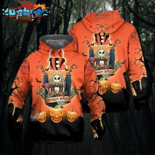 Cincinnati Bengals Halloween Pumpkin Jack Skellington Super Bowl 3D Pullover Hoodie
