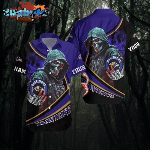 NFL Baltimore Ravens Hawaiian Shirt Custom Name Halloween Skull Tropical Team Spirit