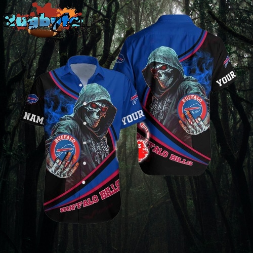 NFL Buffalo Bills Hawaiian Shirt Custom Name Halloween Skull Tropical Team Spirit