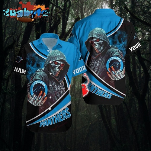 NFL Carolina Panthers Hawaiian Shirt Custom Name Halloween Skull Tropical Team Spirit
